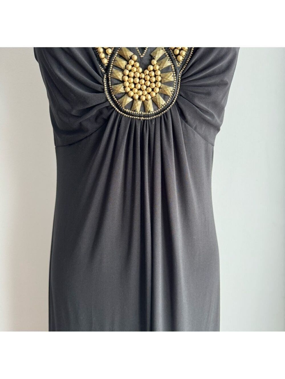 Black Beaded Maxi Dress Sz 2 XS Sleeveless V-Neck Boho Glam Evening Gown Party - Picture 7 of 15